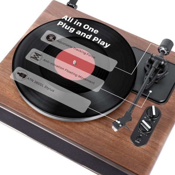 1 by ONE High Fidelity Belt Drive Turntable with Built-in Speakers, Vinyl Record Player with Magnetic Cartridge, Bluetooth Playback and Aux-in Functionality, Auto Off